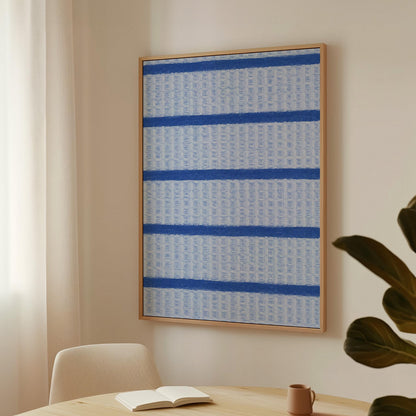 Bold cornflower blue stripes on a pale blue background, canvas wall art hanging in a calm, modern living space