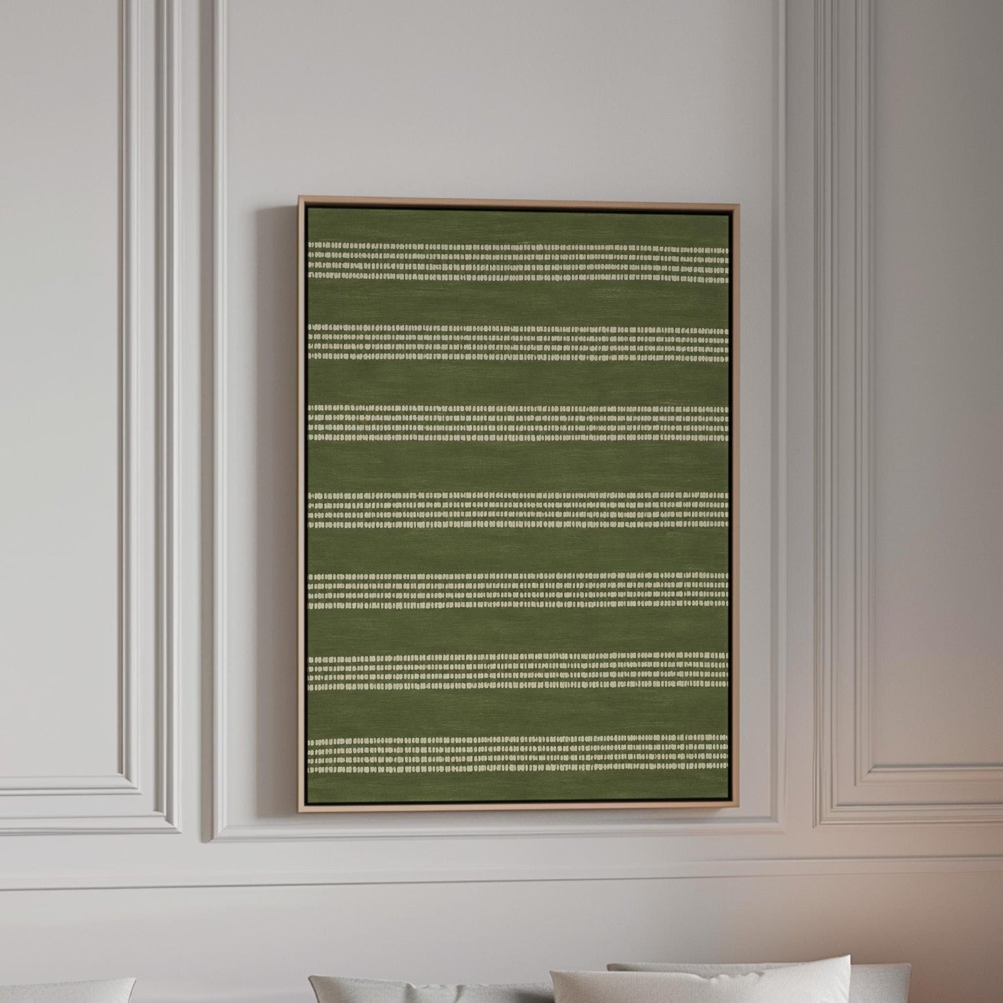Olive green field with thin cream pinstripe rows, canvas print in a bright room with natural daylight