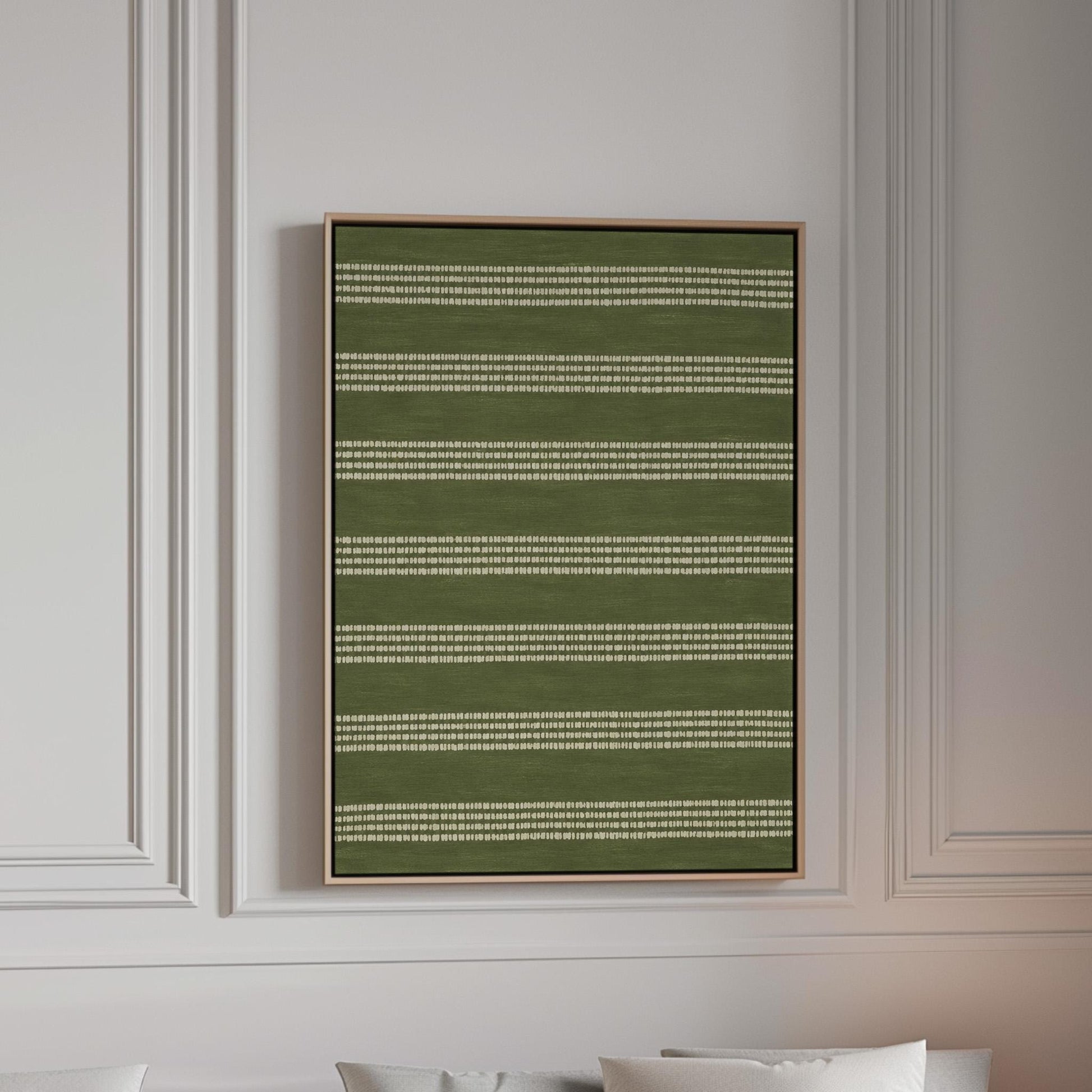 Olive green field with thin cream pinstripe rows, canvas print in a bright room with natural daylight