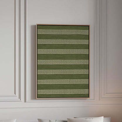 Olive green field with thin cream pinstripe rows, canvas print in a bright room with natural daylight