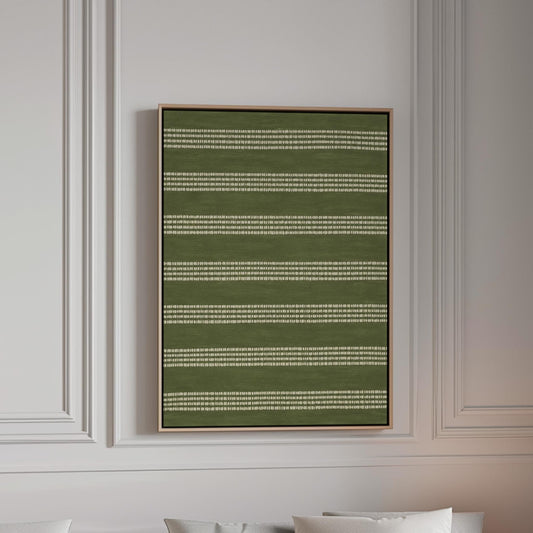 Olive green field with thin cream pinstripe rows, canvas print in a bright room with natural daylight