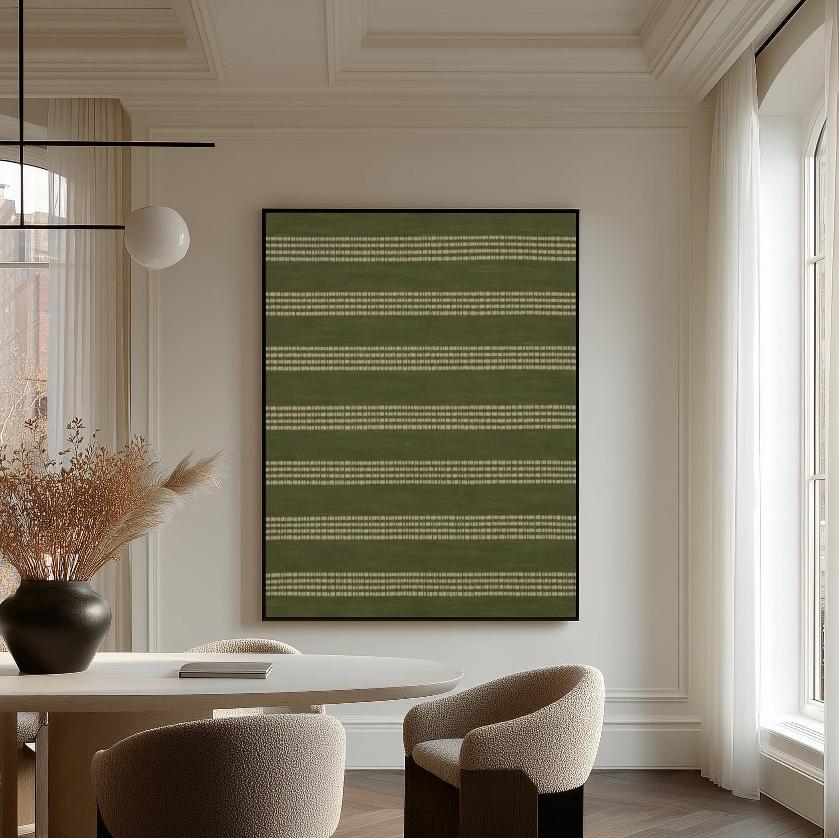 Olive green field with thin cream pinstripe rows, canvas wall art hanging in a calm, modern living space