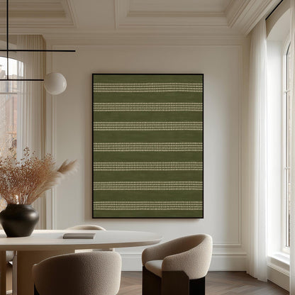 Olive green field with thin cream pinstripe rows, canvas wall art hanging in a calm, modern living space