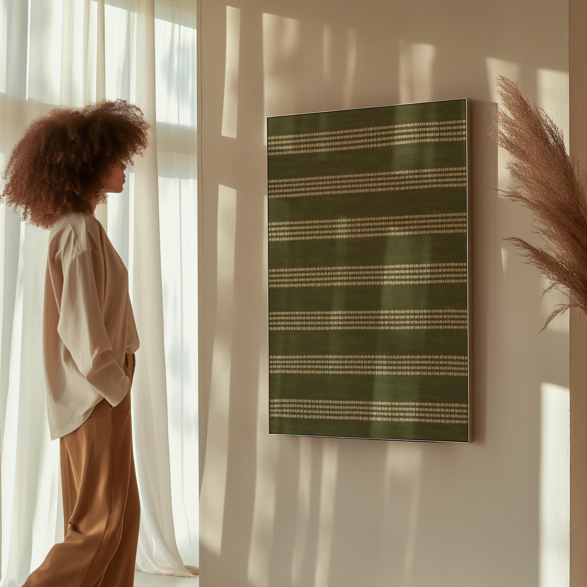 Olive green field with thin cream pinstripe rows, canvas wall art presented in a light, minimal room