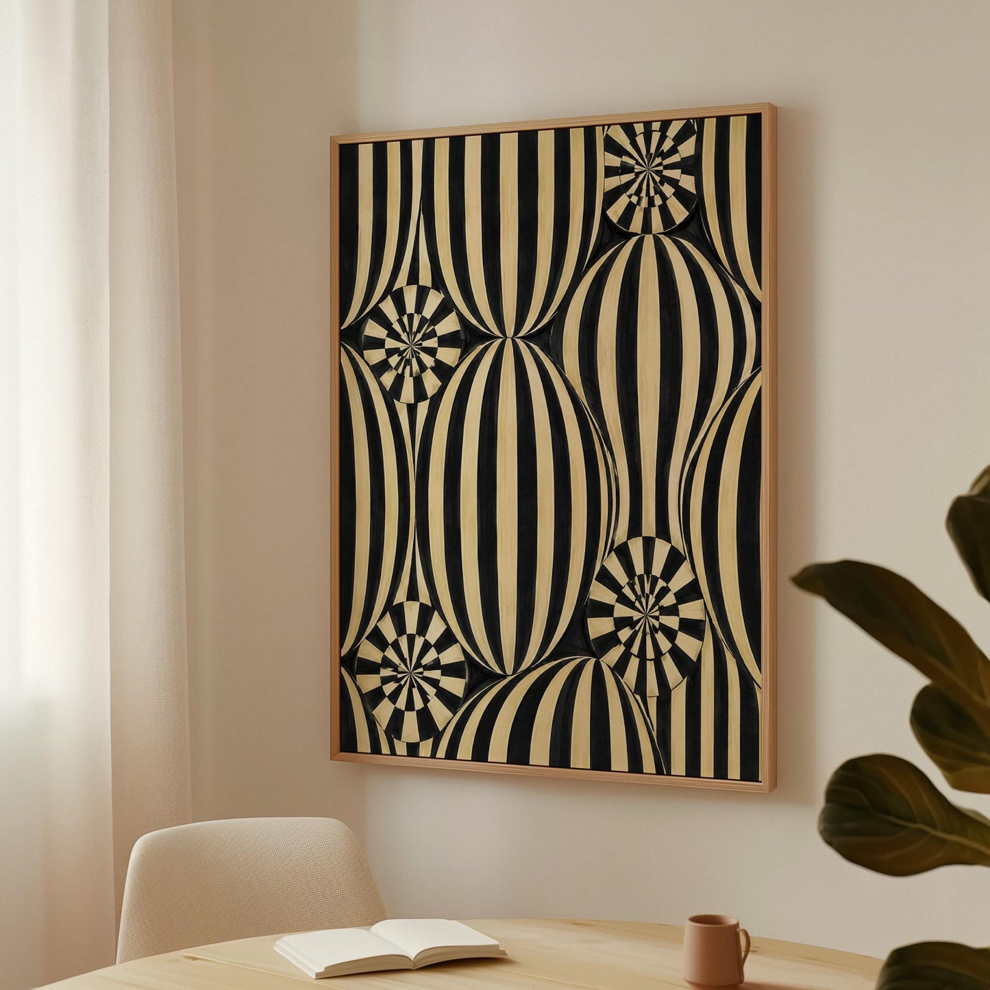 Optical illusion of striped spheres in black and cream, canvas print styled against a soft white wall