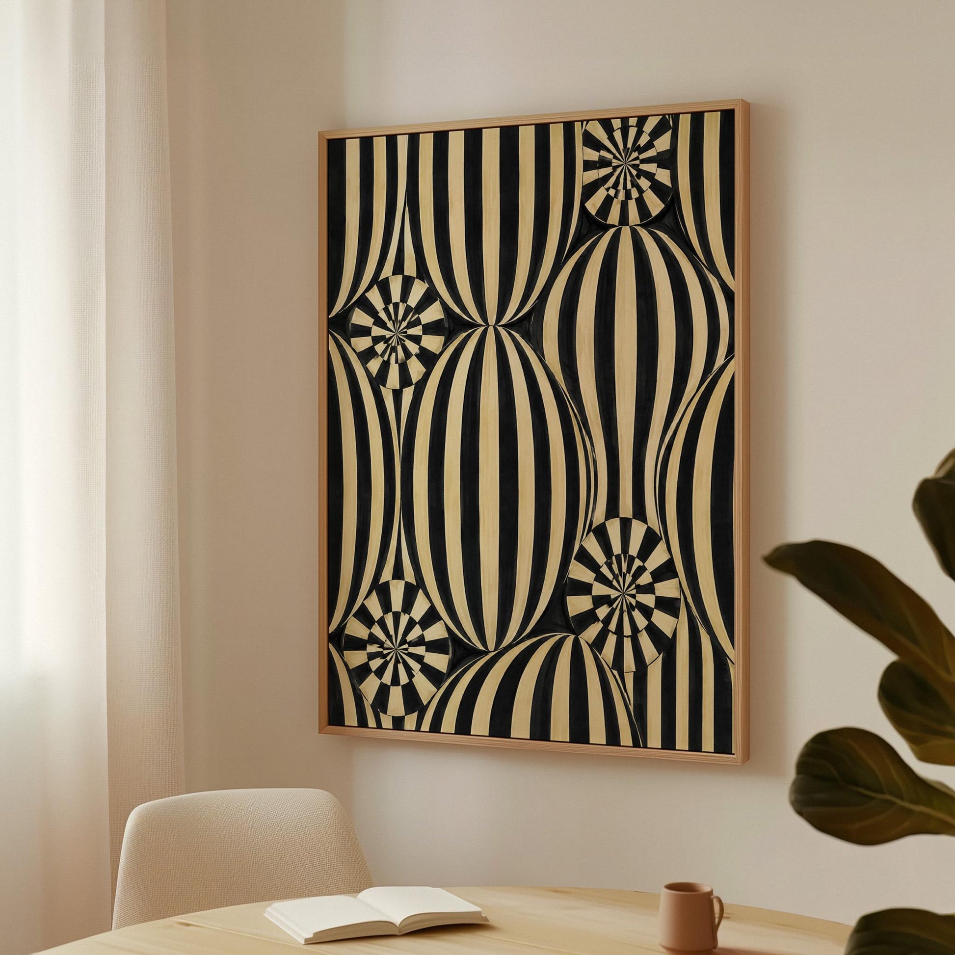 Optical illusion of striped spheres in black and cream, canvas print styled against a soft white wall