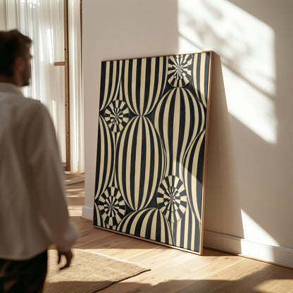 Optical illusion of striped spheres in black and cream, canvas wall art hanging in a calm, modern living space