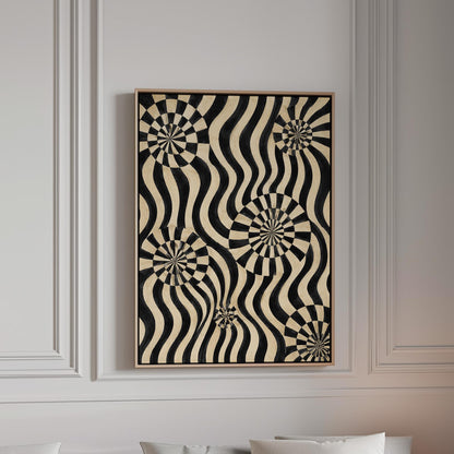 Swirling wavy stripes with spiral discs in black and ivory, canvas print in a bright room with natural daylight