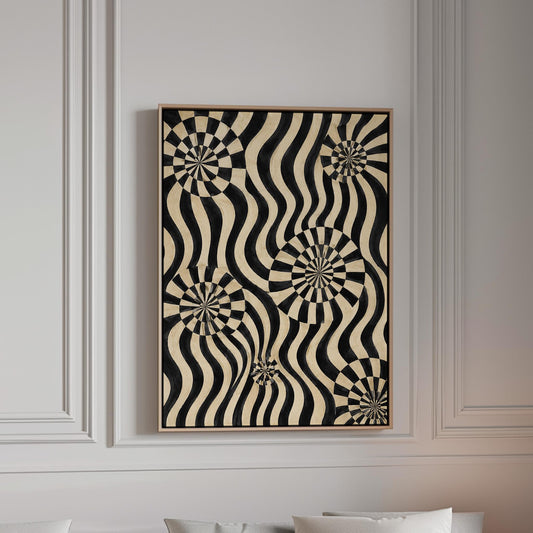Swirling wavy stripes with spiral discs in black and ivory, canvas print in a bright room with natural daylight