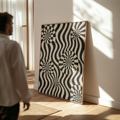 Swirling wavy stripes with spiral discs in black and ivory, canvas print presented in a light, minimal room