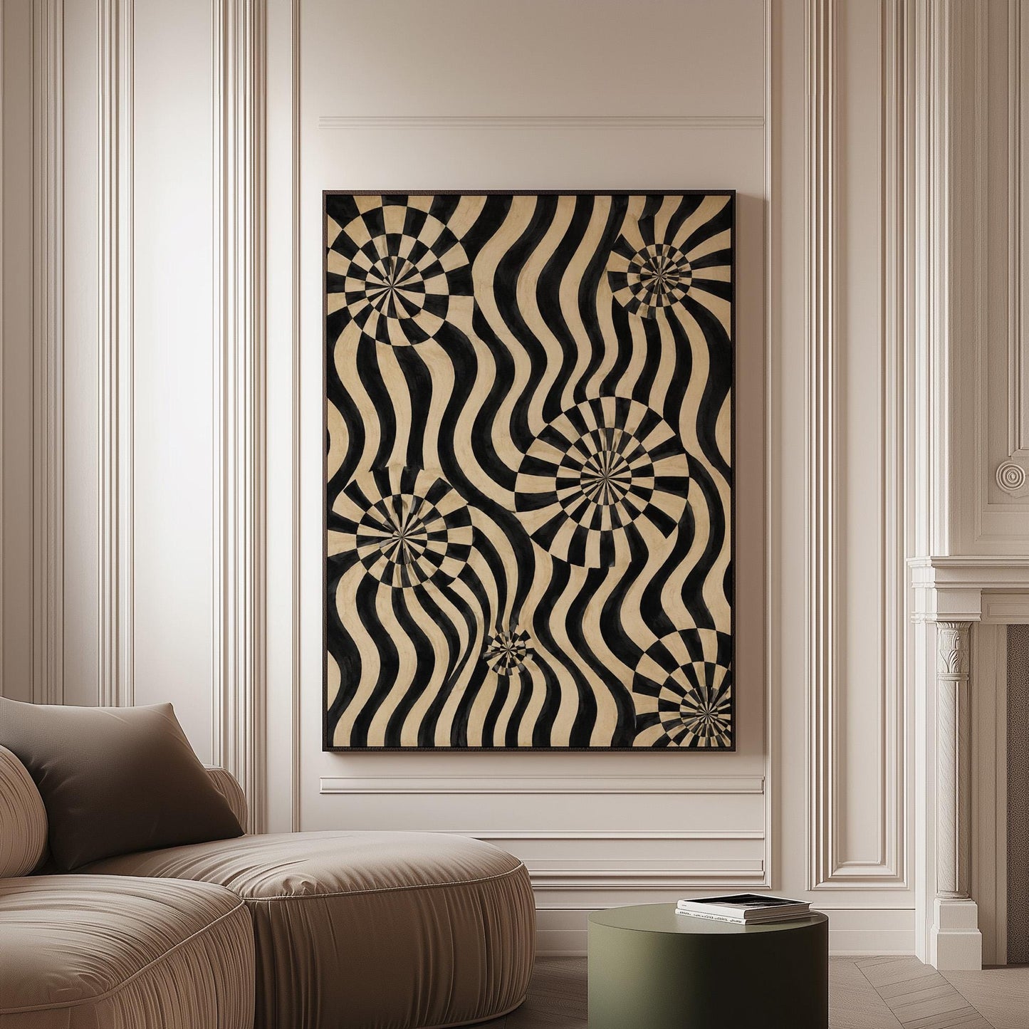 Swirling wavy stripes with spiral discs in black and ivory, canvas print on a softly lit wall in a calm interior