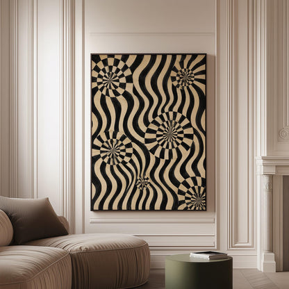 Swirling wavy stripes with spiral discs in black and ivory, canvas print on a softly lit wall in a calm interior