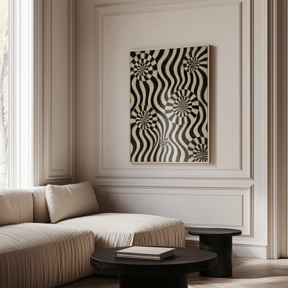 Swirling wavy stripes with spiral discs in black and ivory, canvas wall art seen in a warm interior with natural light