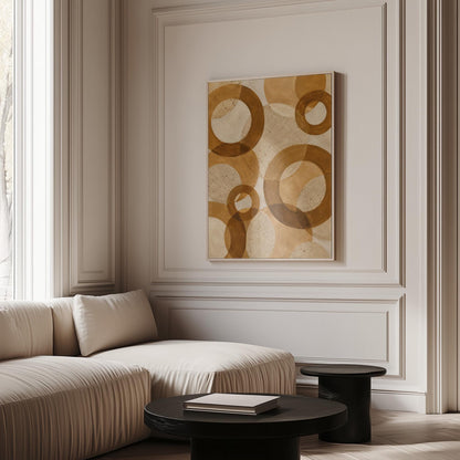 Overlapping translucent circles in amber and terracotta, canvas print on a quiet wall in a considered interior