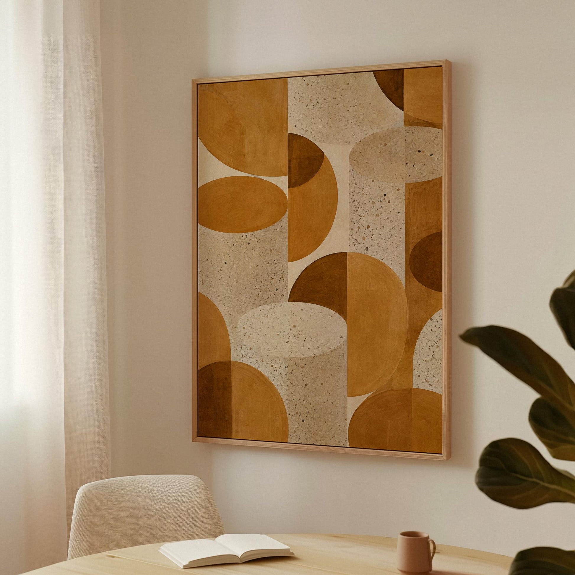 Warm caramel geometric shapes on speckled cream background, canvas print presented in a light, minimal room