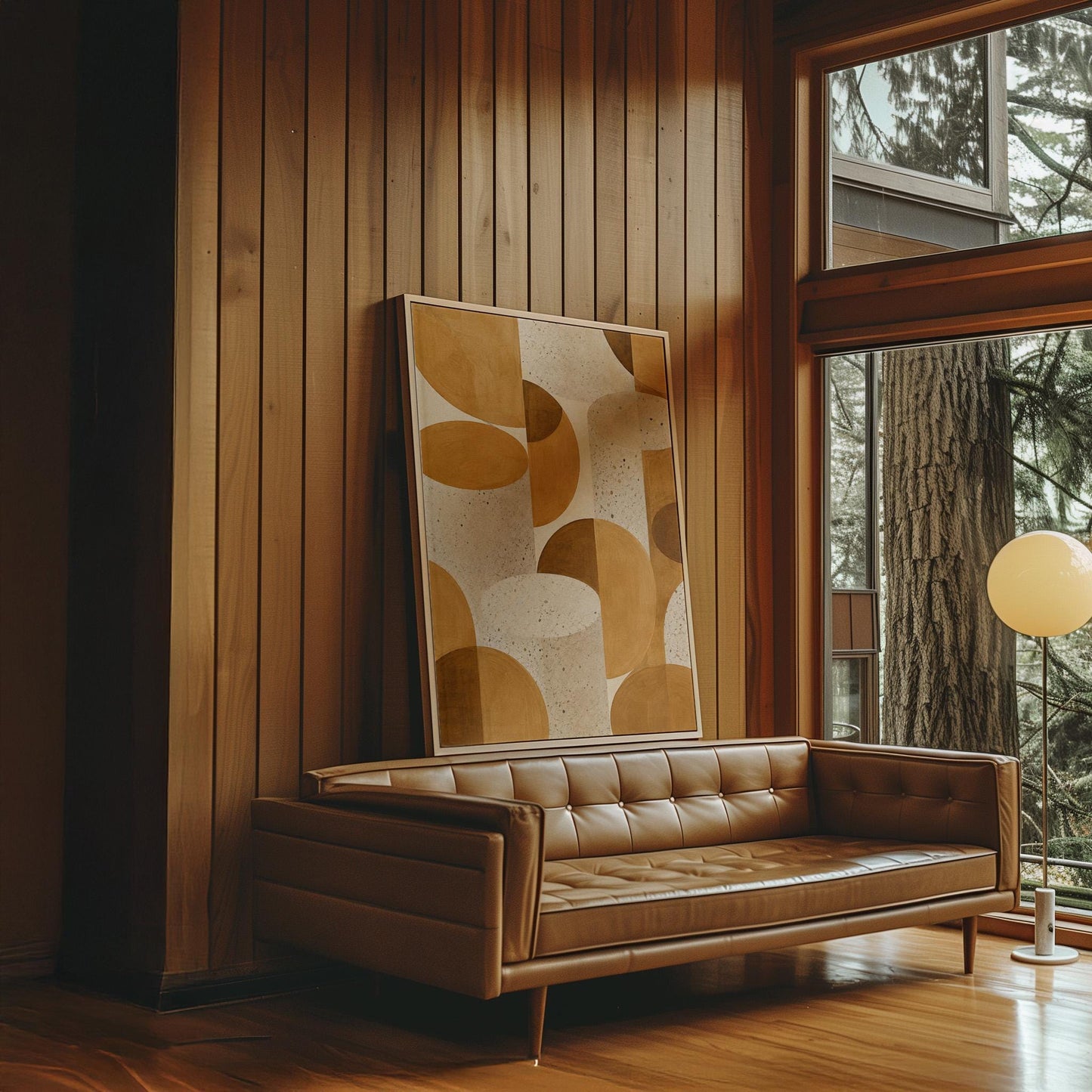Warm caramel geometric shapes on speckled cream background, canvas wall art seen in a warm interior with natural light