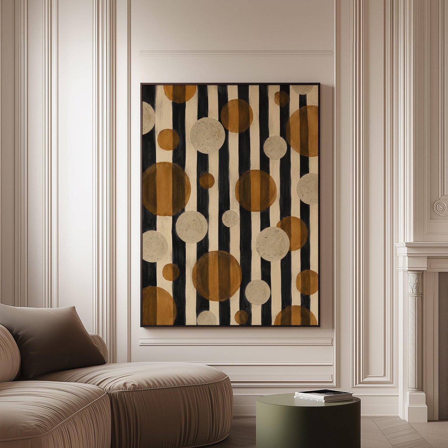 Amber and cream circles scattered over black vertical stripes, canvas print on a softly lit wall in a calm interior