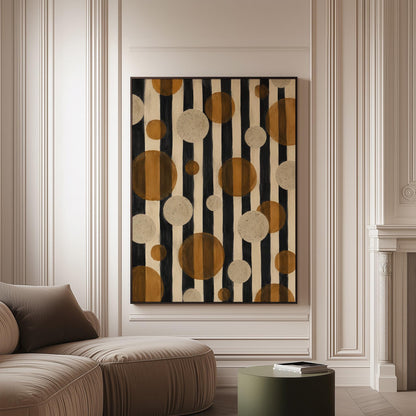 Amber and cream circles scattered over black vertical stripes, canvas print on a softly lit wall in a calm interior