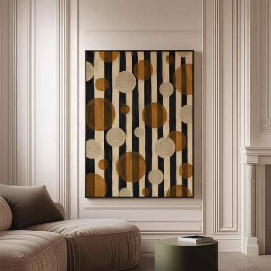Amber and cream circles scattered over black vertical stripes, canvas print on a softly lit wall in a calm interior
