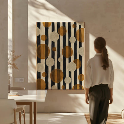 Amber and cream circles scattered over black vertical stripes, canvas wall art hanging in a calm, modern living space