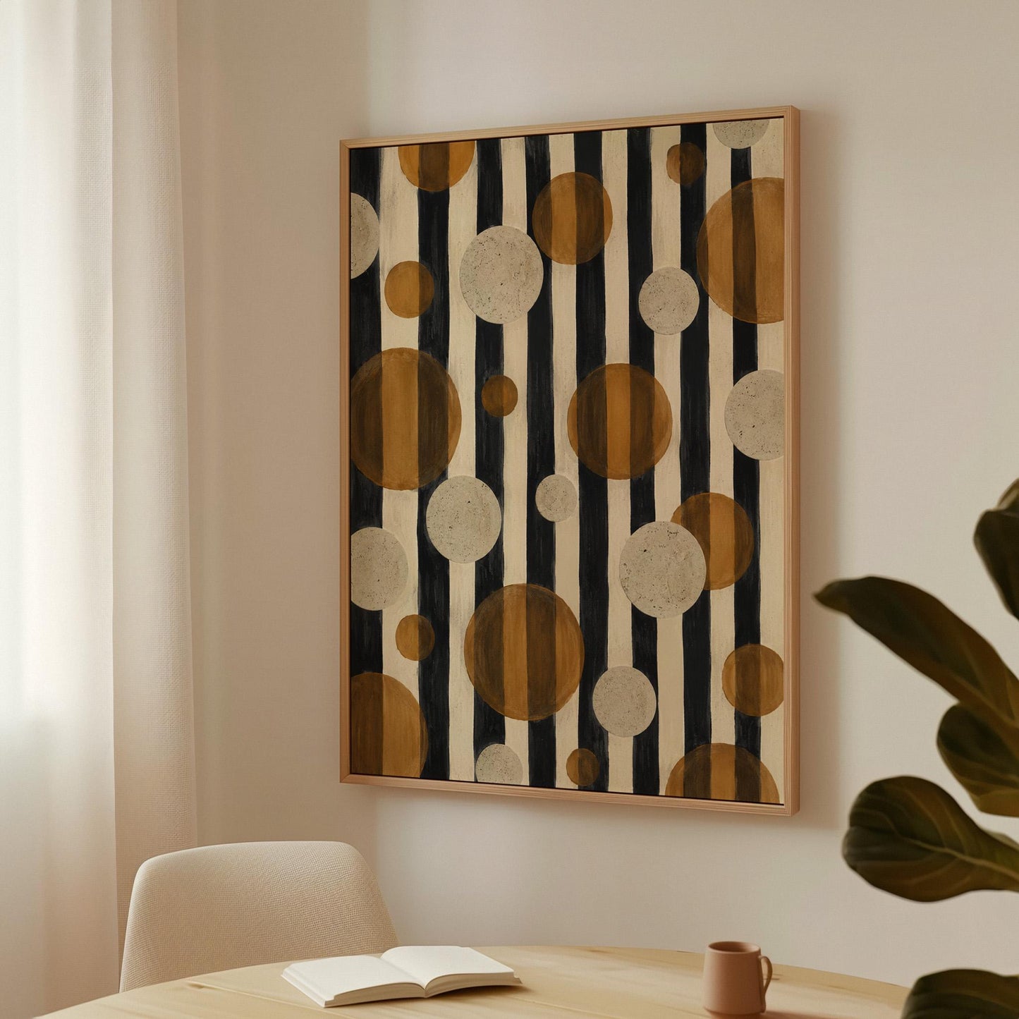 Amber and cream circles scattered over black vertical stripes, canvas wall art presented in a light, minimal room