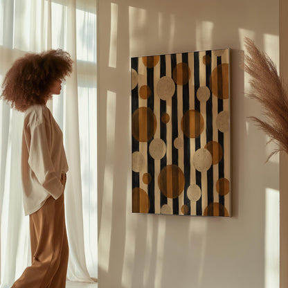 Amber and cream circles scattered over black vertical stripes, canvas wall art on a quiet wall in a considered interior