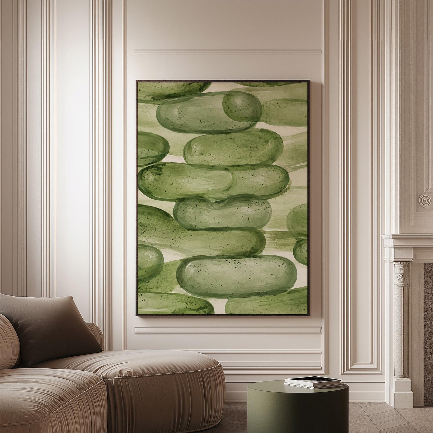 Stacked smooth green stones painted in watercolor, canvas print on a softly lit wall in a calm interior