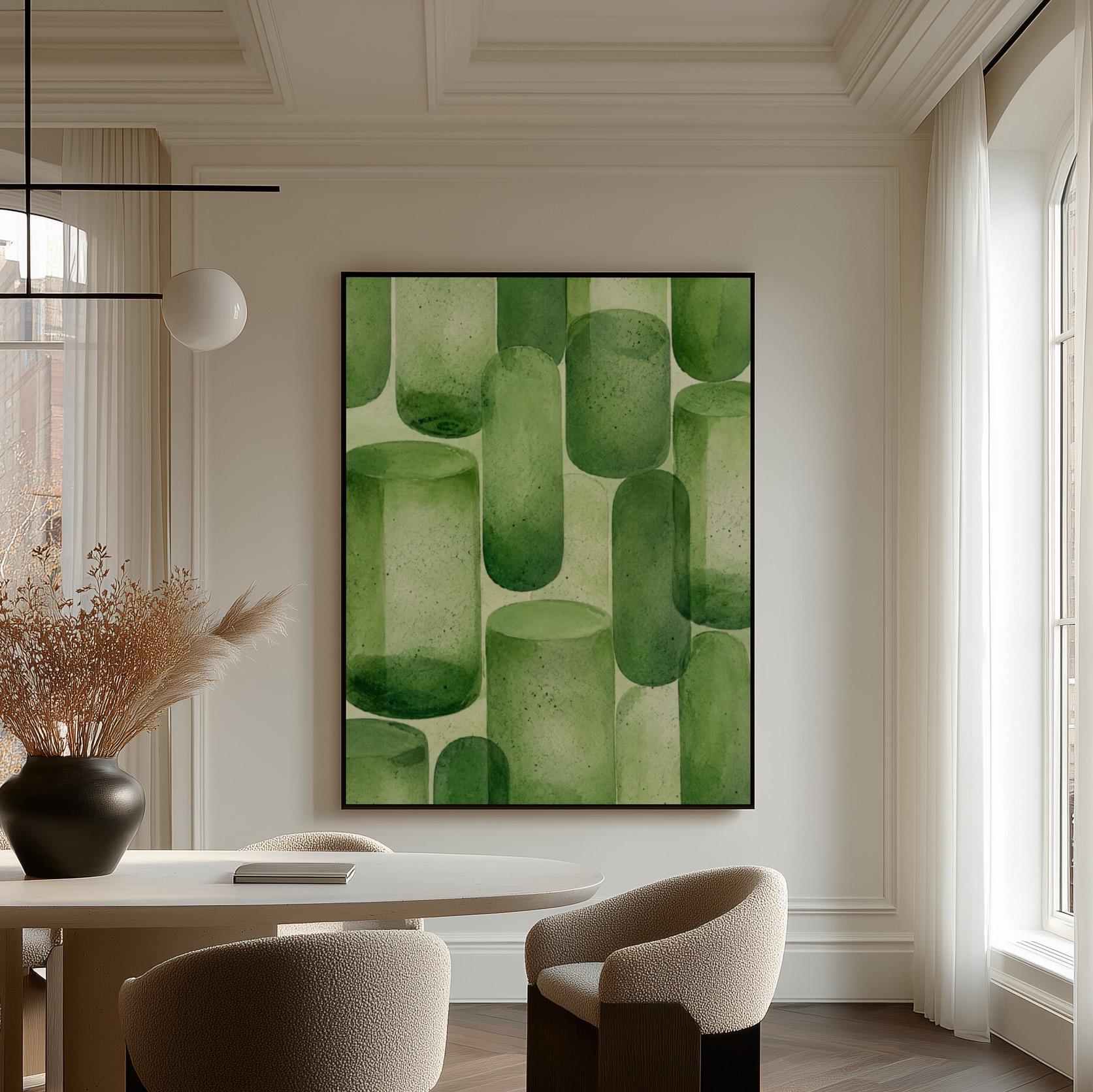 Rounded capsule shapes in layered watercolor greens, canvas print shown in a sunlit, contemporary room