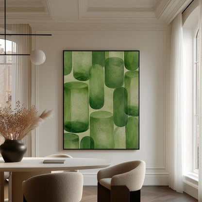 Rounded capsule shapes in layered watercolor greens, canvas print shown in a sunlit, contemporary room