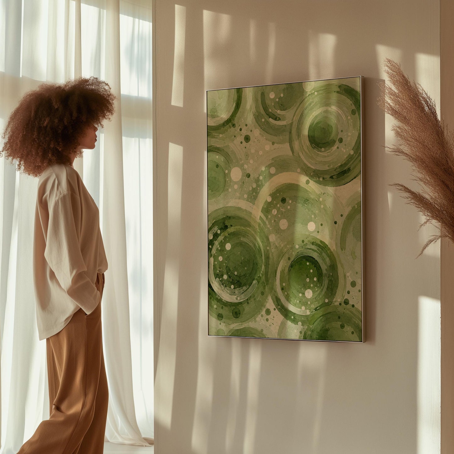 Rings and bubbles swirling in sage green watercolor, canvas print styled against a soft white wall