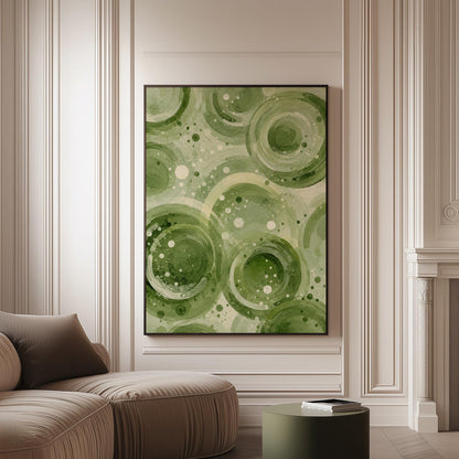 Rings and bubbles swirling in sage green watercolor, canvas print on a softly lit wall in a calm interior