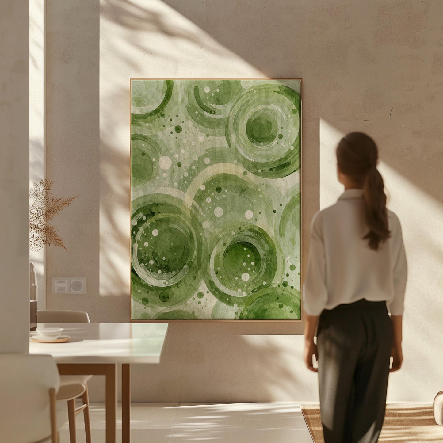 Rings and bubbles swirling in sage green watercolor, canvas print shown to scale in a furnished room