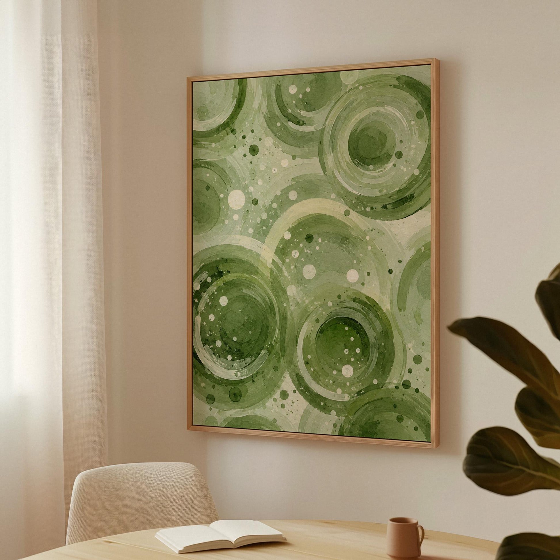 Rings and bubbles swirling in sage green watercolor, canvas print shown in a sunlit, contemporary room