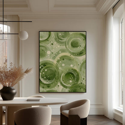 Rings and bubbles swirling in sage green watercolor, canvas wall art hanging in a calm, modern living space