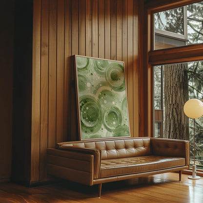 Rings and bubbles swirling in sage green watercolor, canvas wall art on a quiet wall in a considered interior