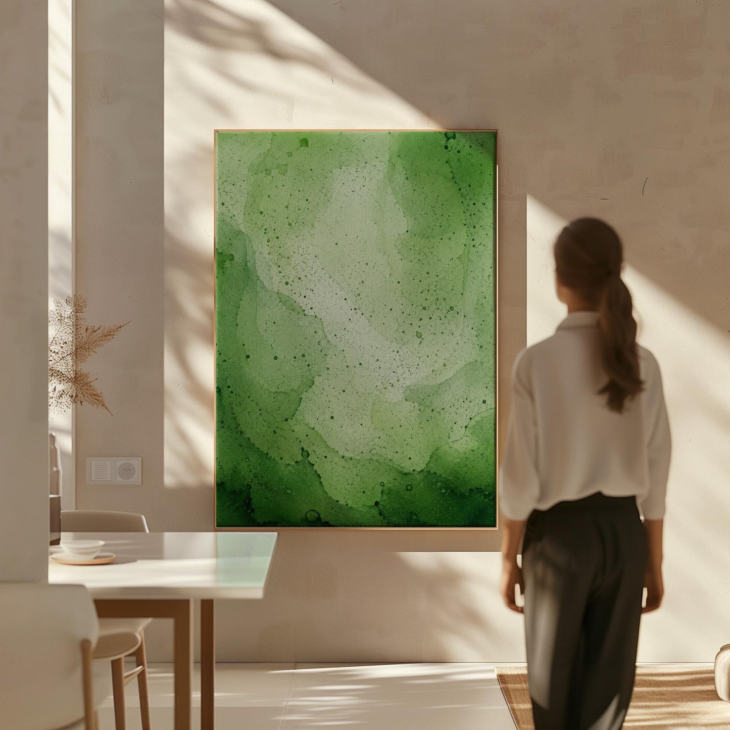 Loose watercolor wash in deep moss and forest greens, canvas print hanging in a calm, modern living space