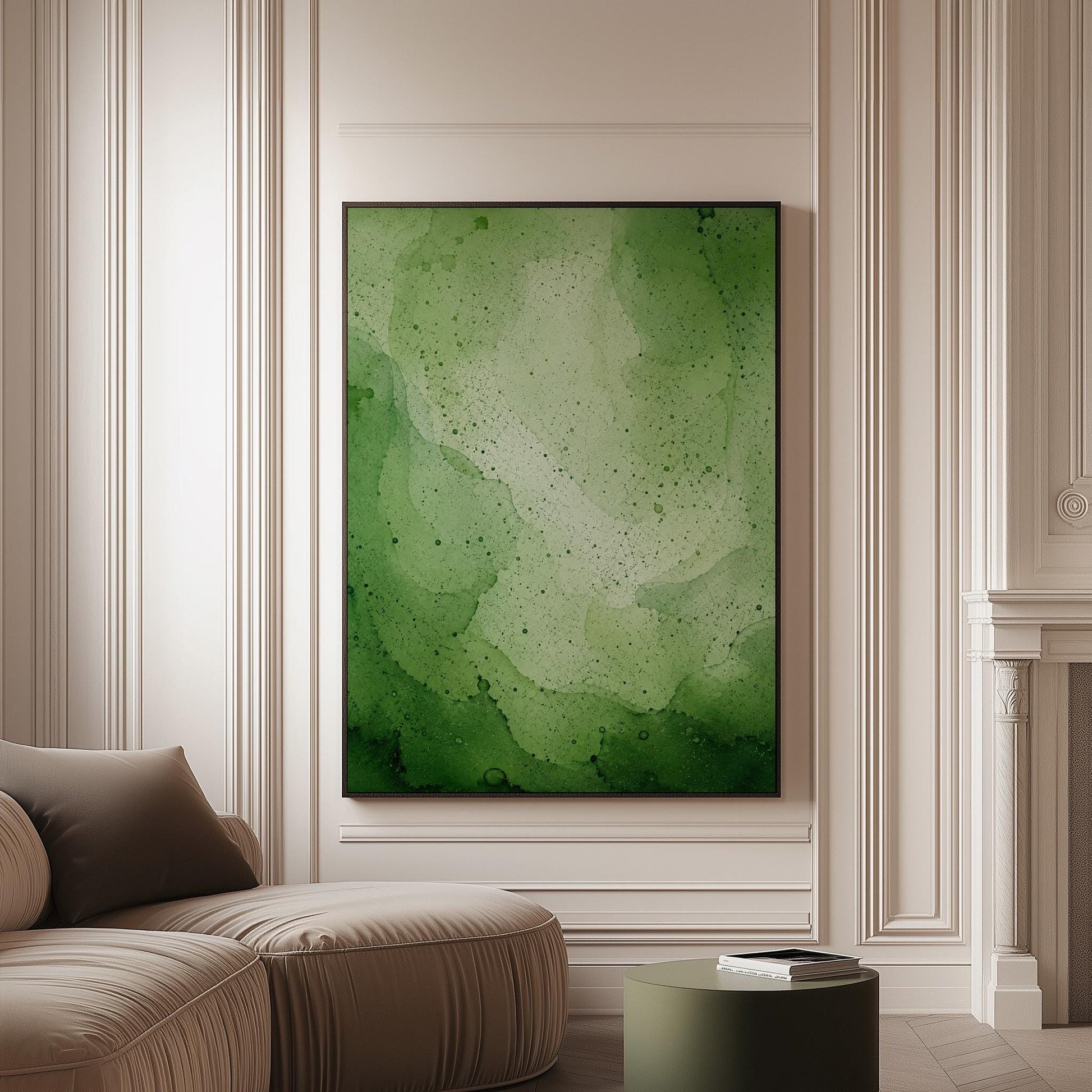 Loose watercolor wash in deep moss and forest greens, canvas print on a softly lit wall in a calm interior