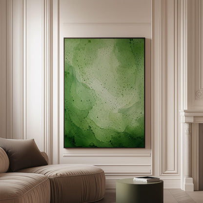Loose watercolor wash in deep moss and forest greens, canvas print on a softly lit wall in a calm interior