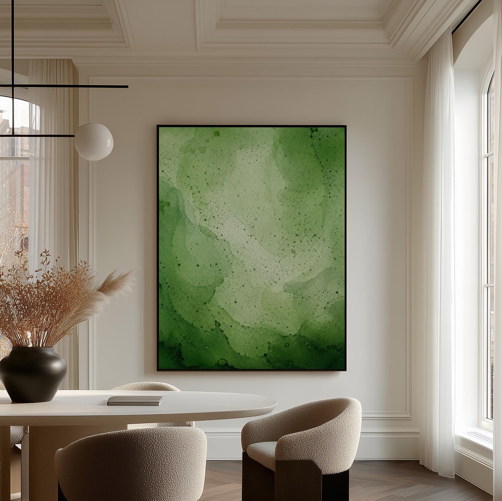 Loose watercolor wash in deep moss and forest greens, canvas print presented in a light, minimal room