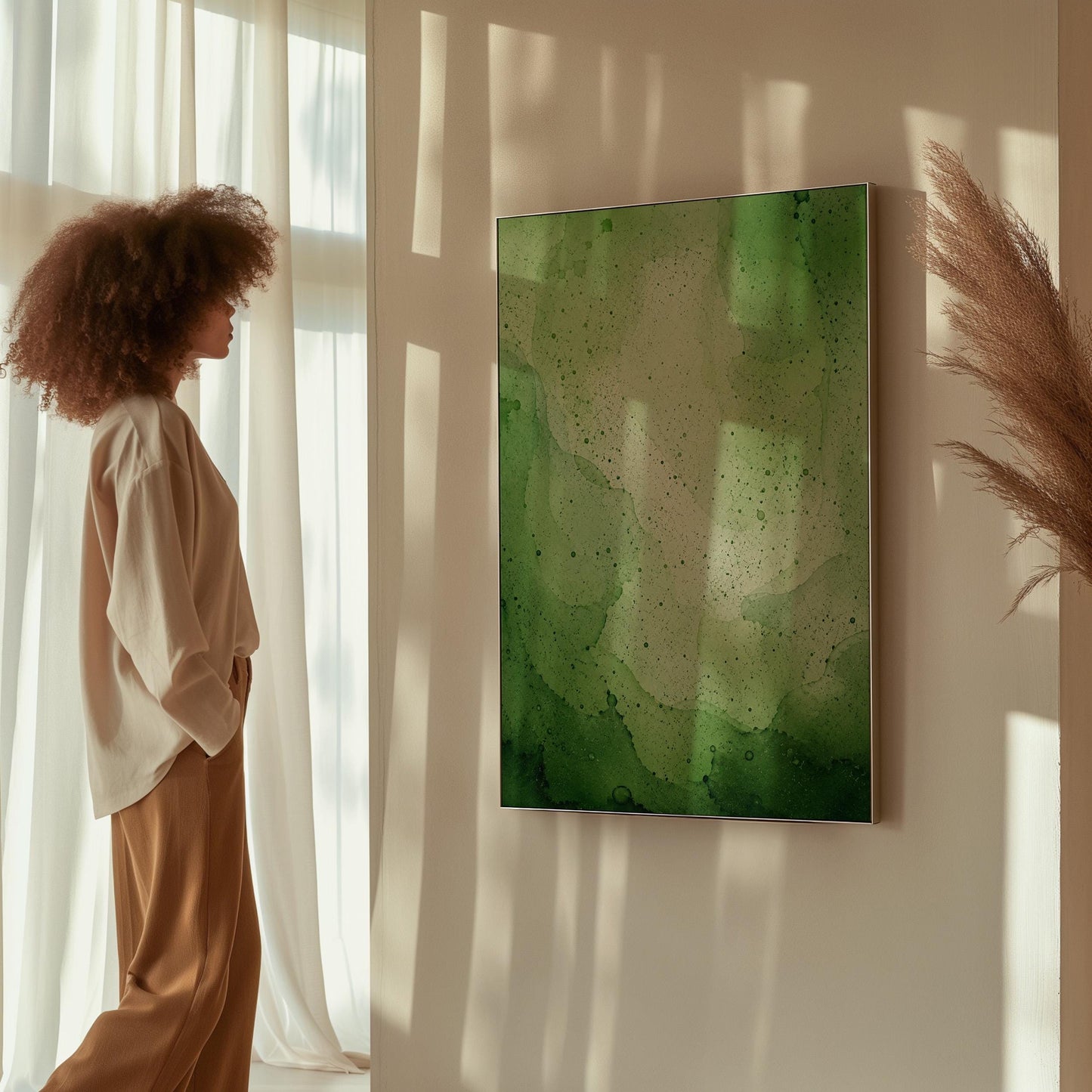 Loose watercolor wash in deep moss and forest greens, canvas print displayed on a neutral wall in a styled interior