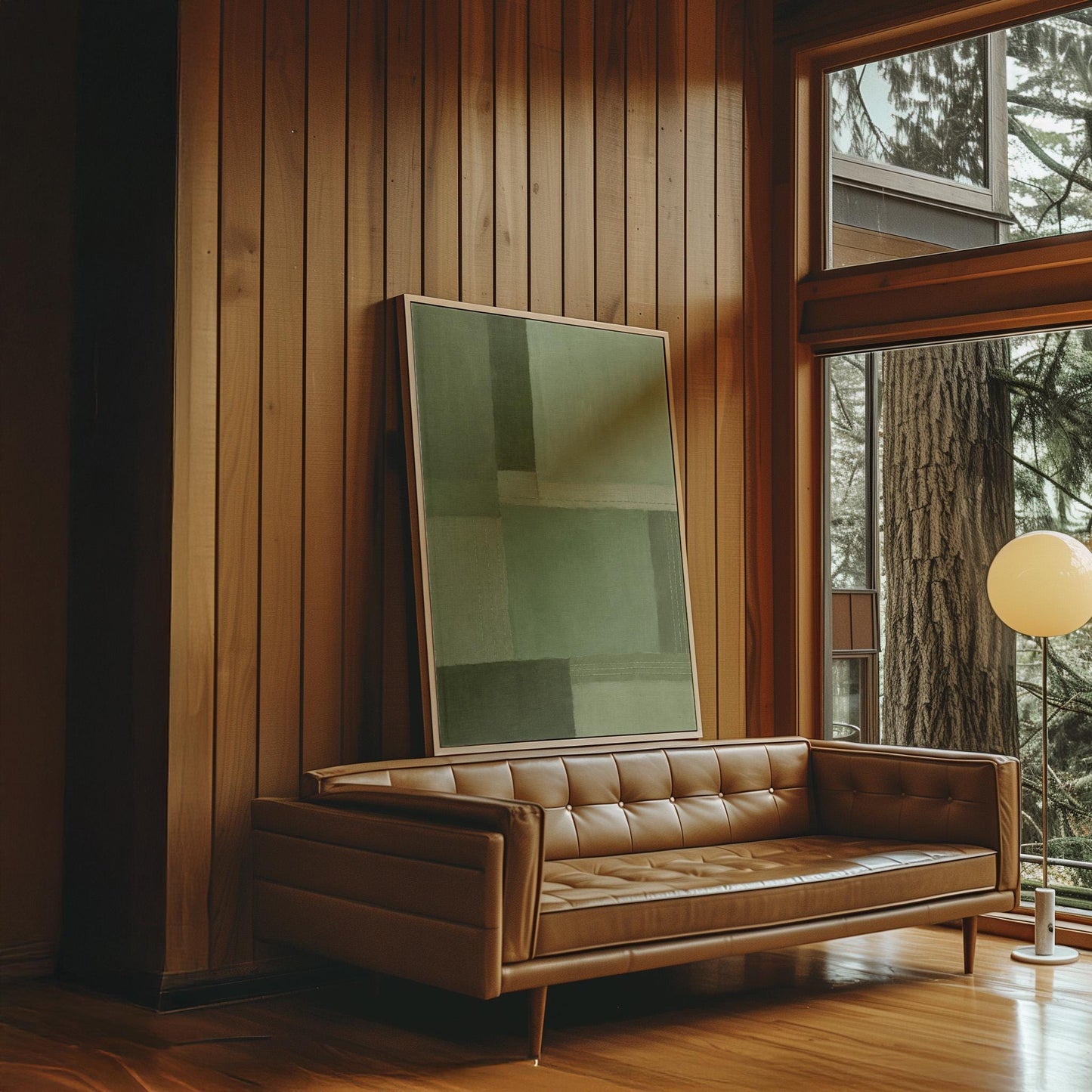 Tonal color blocks in muted sage and olive green, canvas print shown to scale in a furnished room