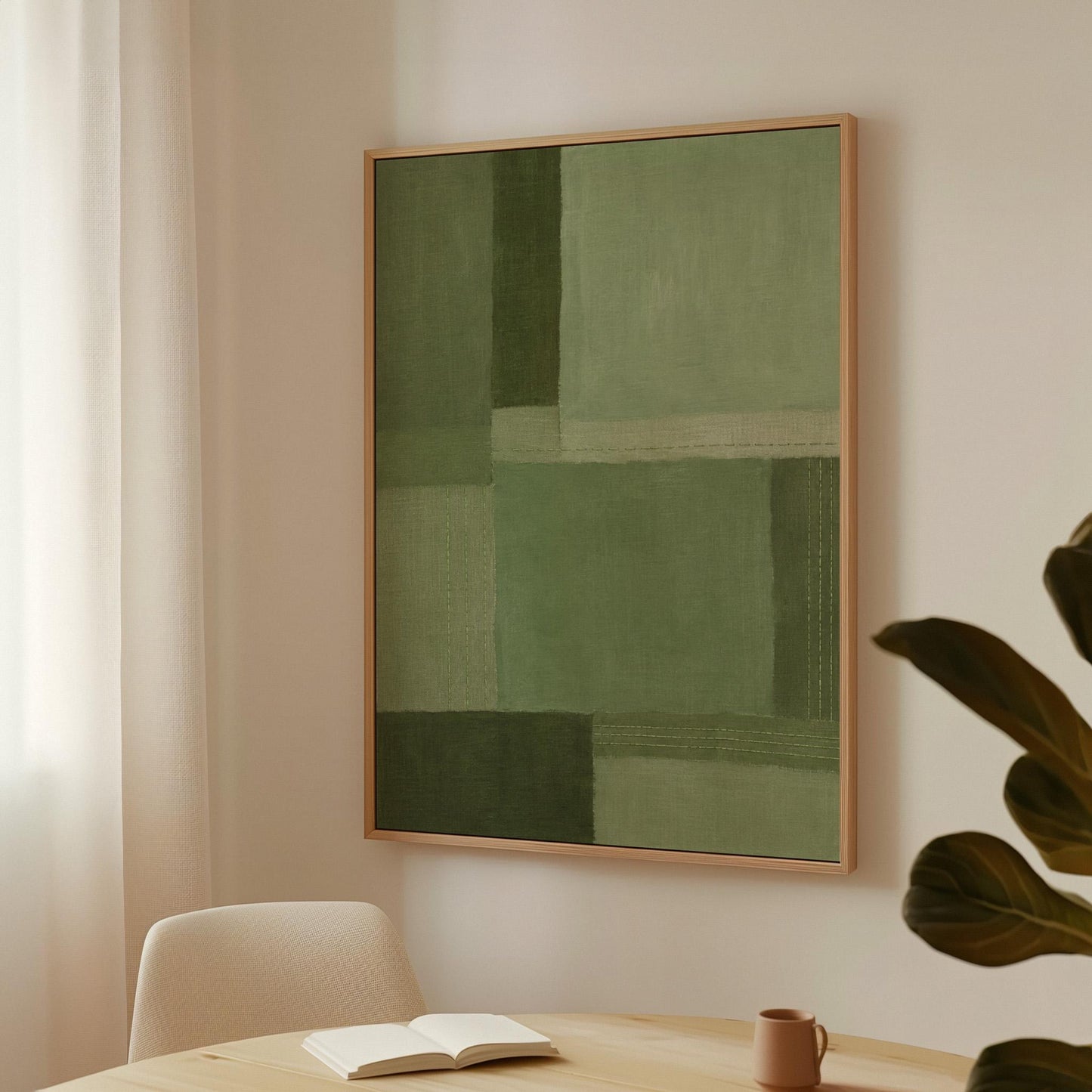 Tonal color blocks in muted sage and olive green, canvas print displayed on a neutral wall in a styled interior
