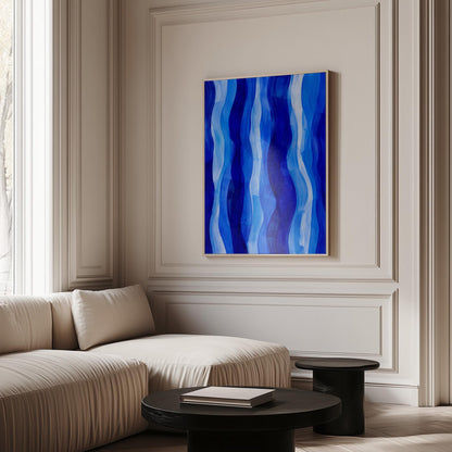 Vertical flowing ribbons in cobalt and light blue, canvas print on a quiet wall in a considered interior