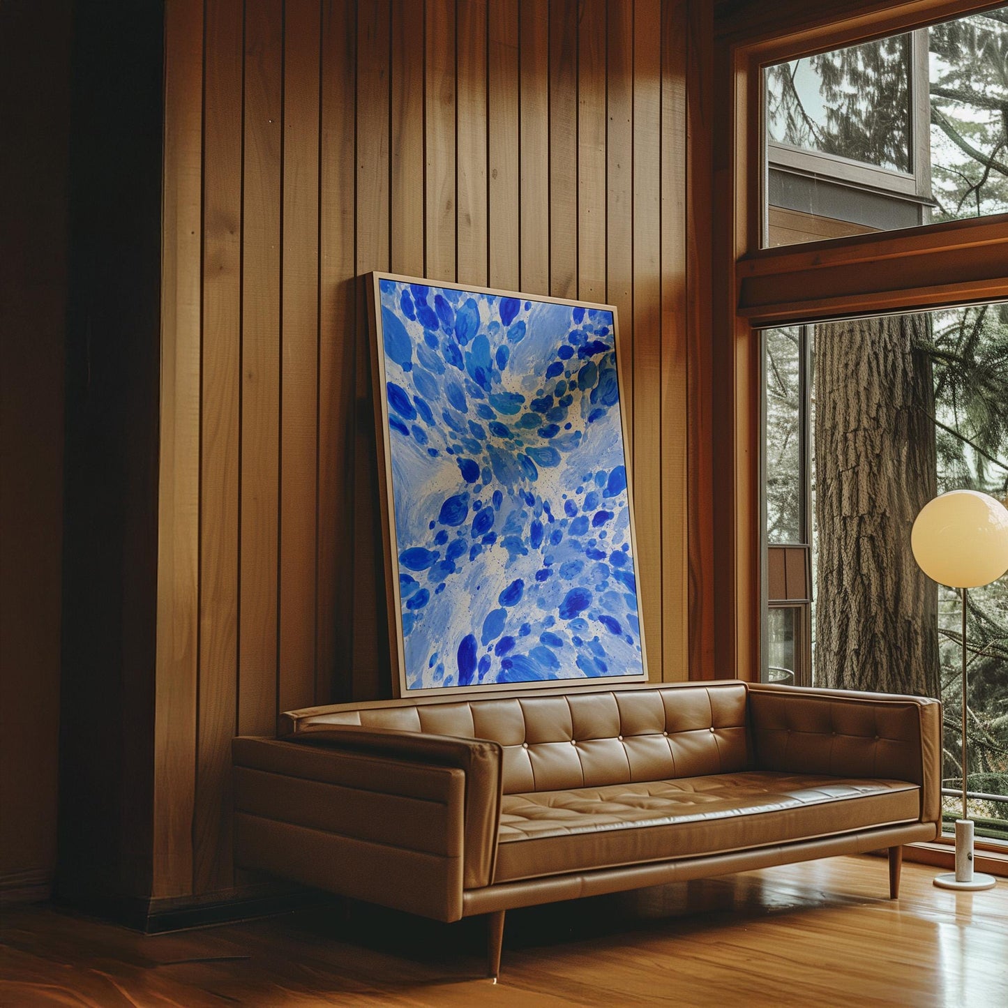 Burst of cobalt blue droplets scattering across pale background, canvas print hanging in a calm, modern living space