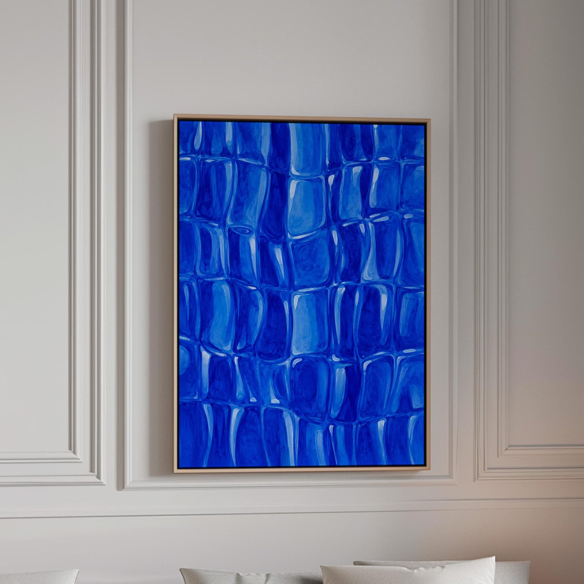 Mosaic of rounded royal blue shapes like cobblestones, canvas print in a bright room with natural daylight