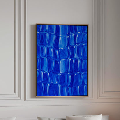 Mosaic of rounded royal blue shapes like cobblestones, canvas print in a bright room with natural daylight
