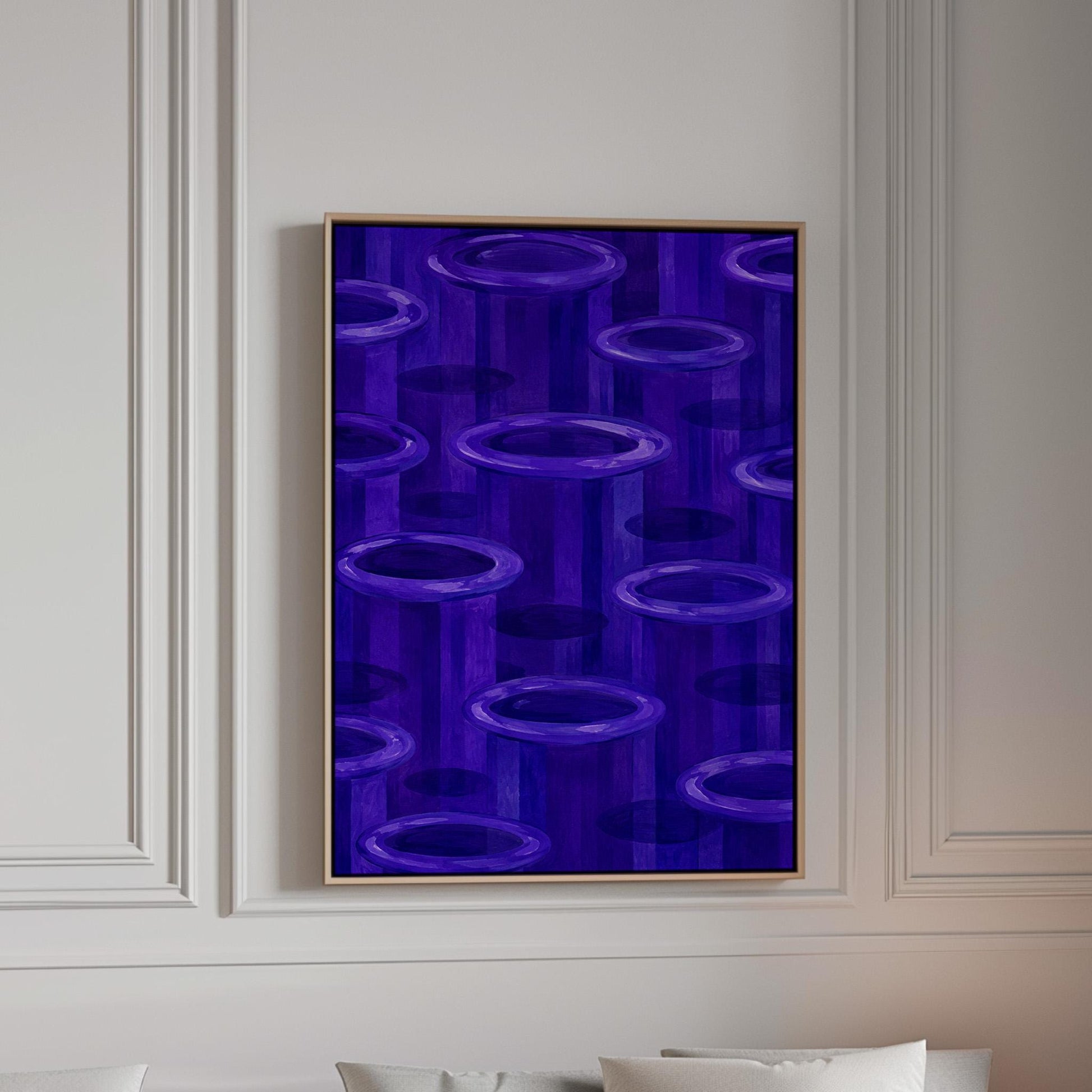 Rings emerging from deep violet and amethyst tones, canvas print in a bright room with natural daylight