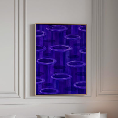 Rings emerging from deep violet and amethyst tones, canvas print in a bright room with natural daylight