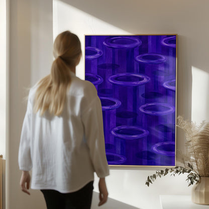 Rings emerging from deep violet and amethyst tones, canvas print hanging in a calm, modern living space