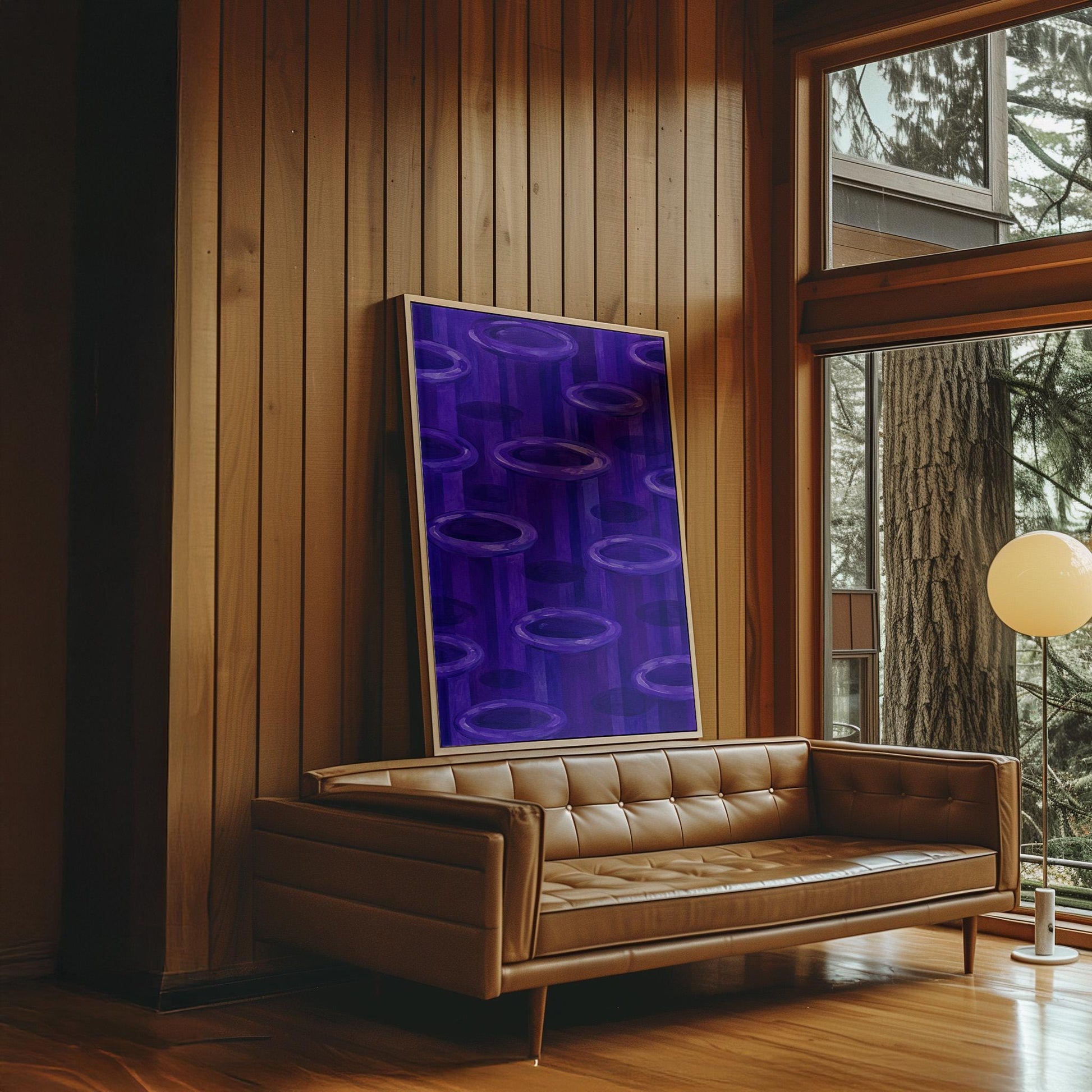 Rings emerging from deep violet and amethyst tones, canvas print presented in a light, minimal room